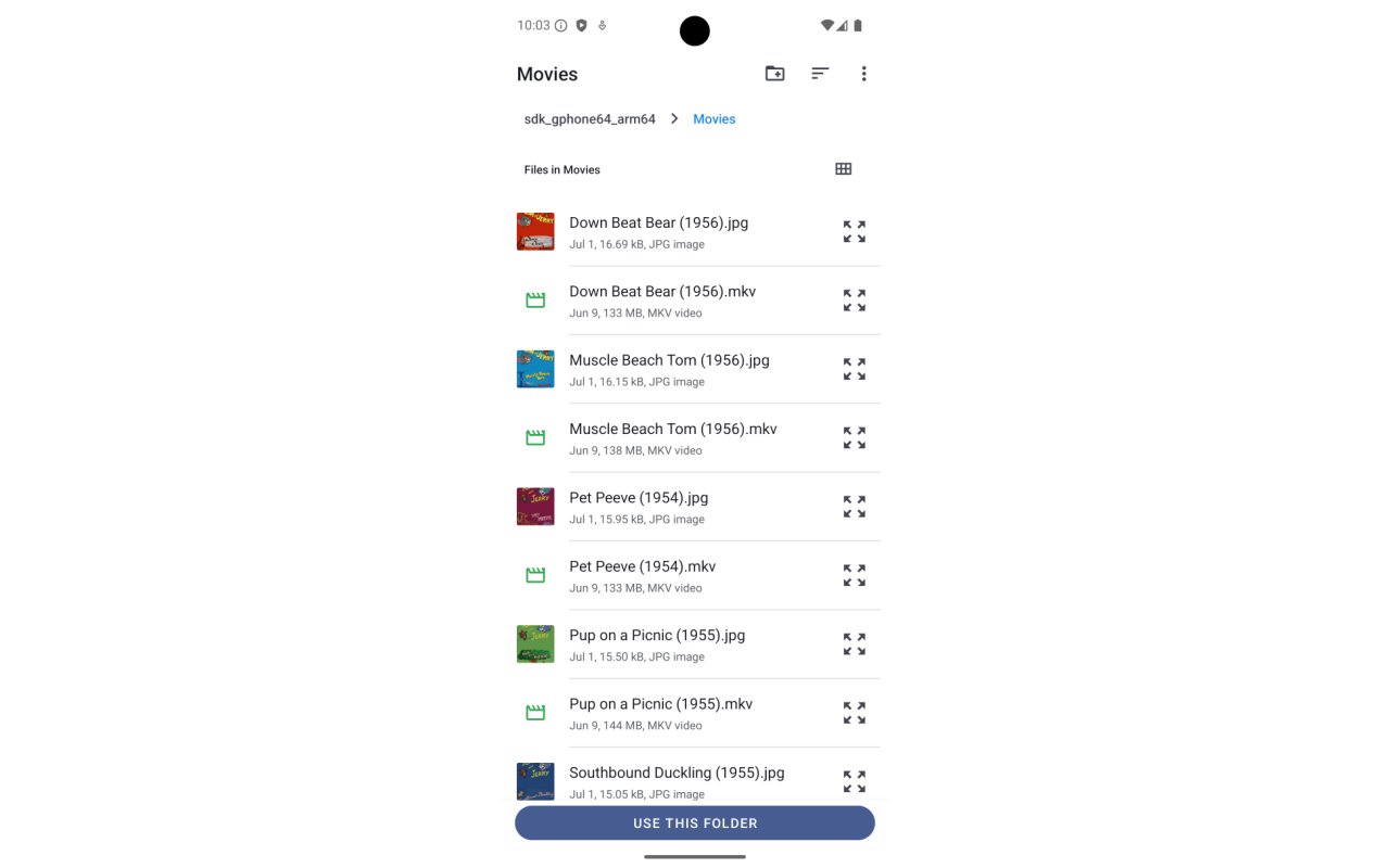 Selection of media folder on mobile device