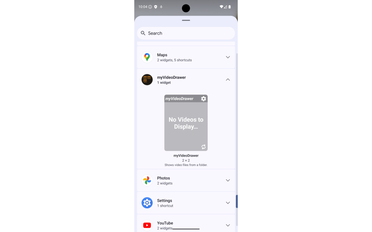 Widget Selection Dialog on mobile device