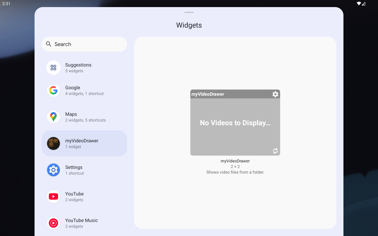 Widget Selection Dialog on tablet device